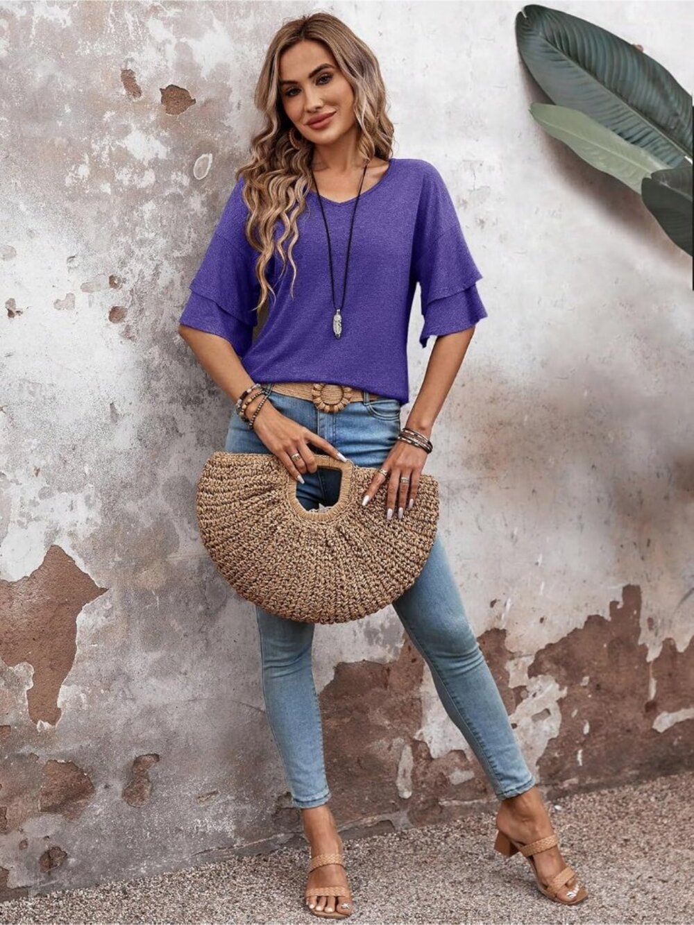 Women's Purple V Neck Blouse Ruffle Bell Sleeve Summer Casual Top Cute Tee - Picture 6 of 6